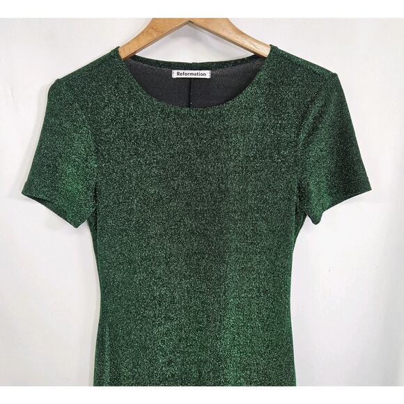 Reformation Amina Green Metallic Fleck Short Sleeve Mini Sheath Dress Medium - Picture 2 of 8